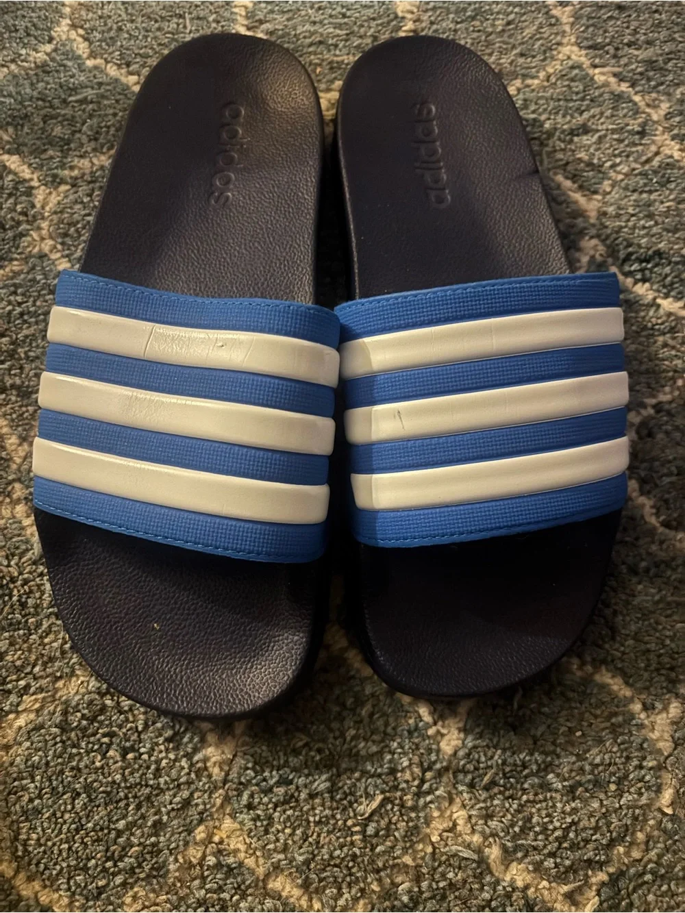 Men’s Adidas Blue & White Slide Sandals with Orange Logo